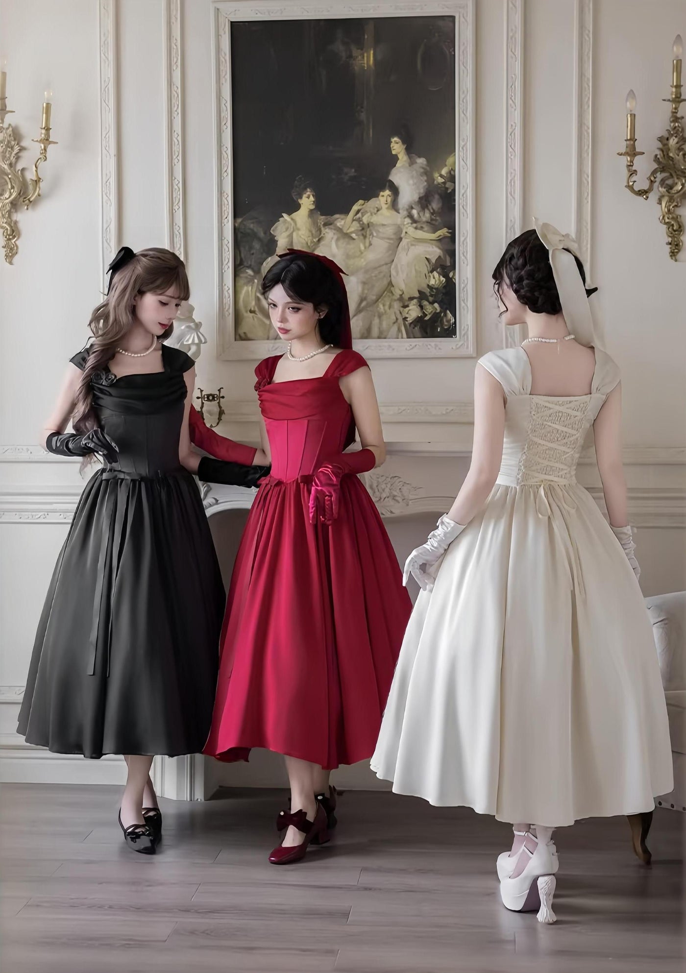 With PUJI - For Beloved - Classic Lolita Satin JSK Dress Set, Fishbone Waist