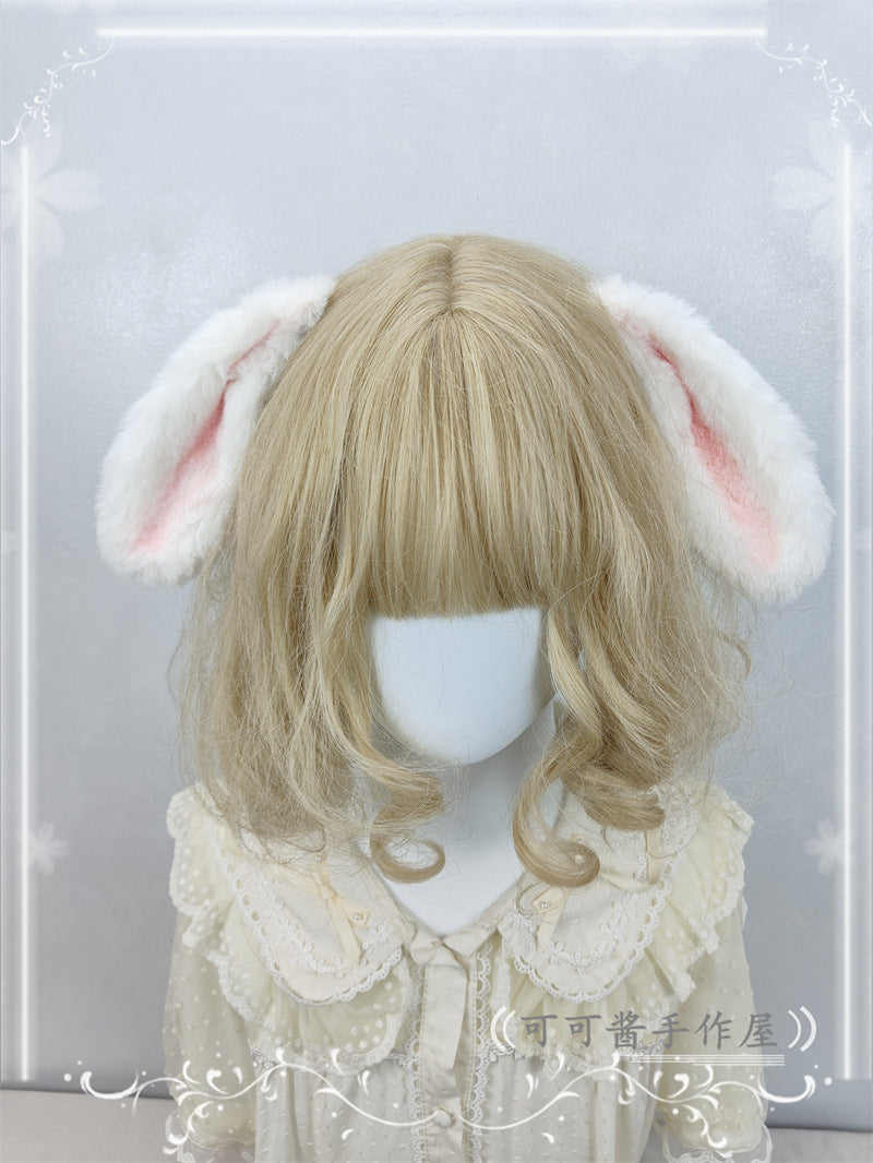 Pure white plush rabbit ear hair clip and headband with lop ears, ideal for cosplay or Lolita fashion accessories.
