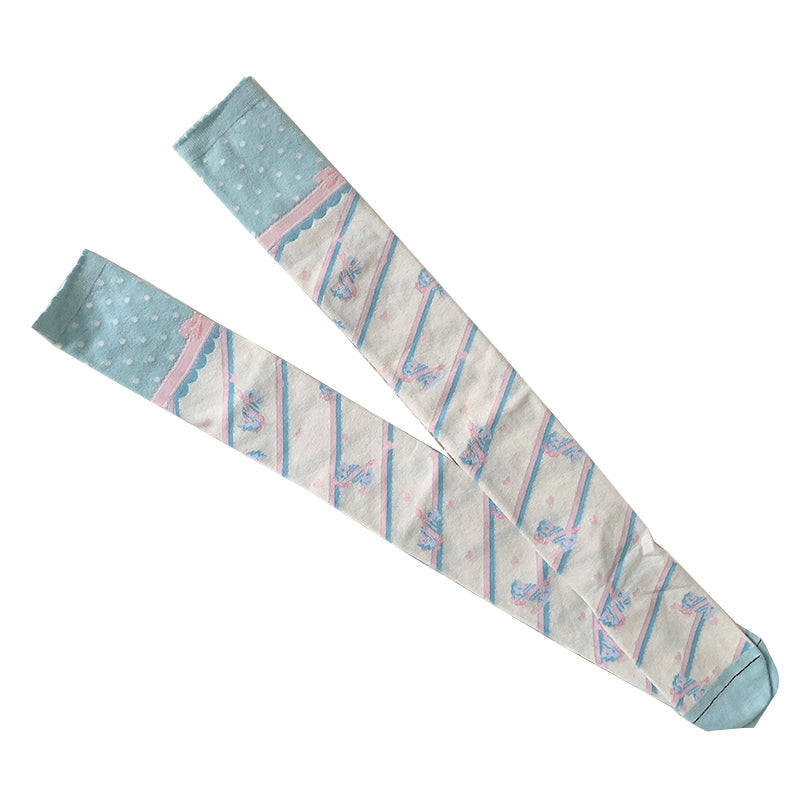 Blue and pink roji roji Lolita knee socks with striped candy print
