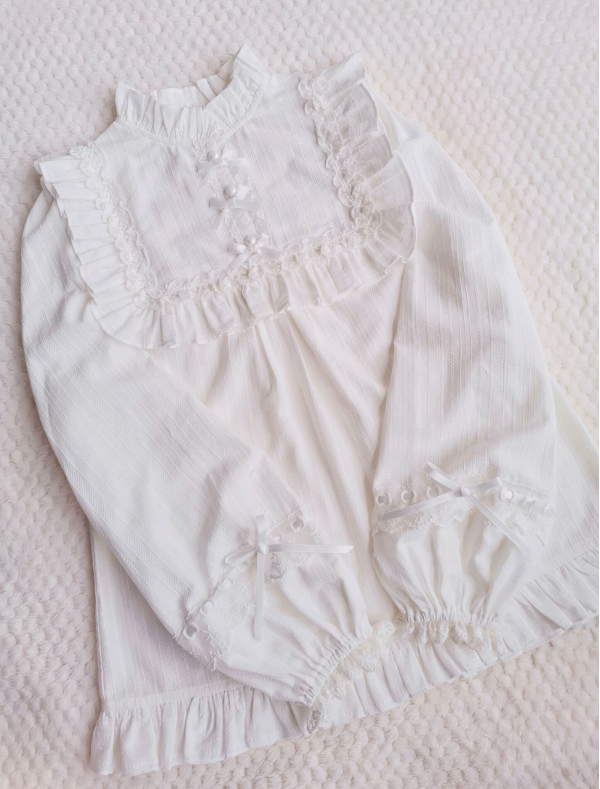 Yilia - Cotton Lolita Lace Long Sleeve - White Blouse Innerwear