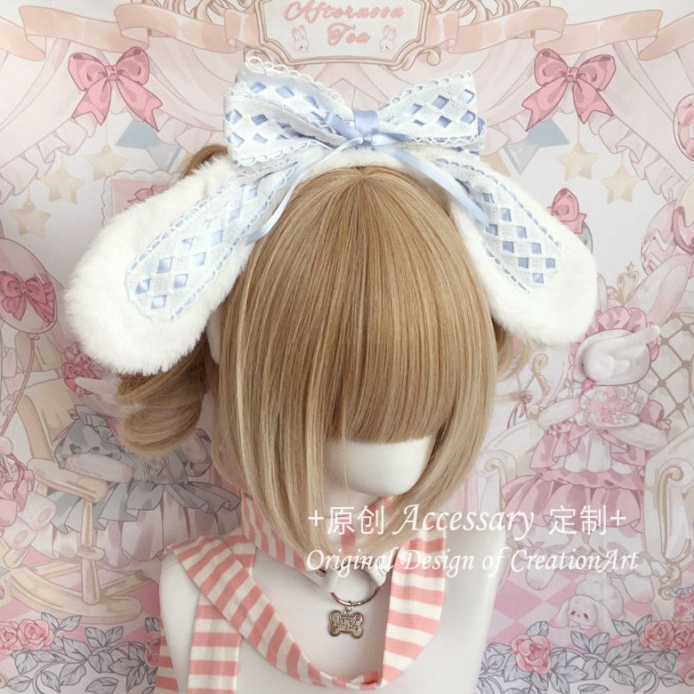 LolitaFetch sweet lop ear rabbit bow KC headband worn with Lolita OP dress, featuring cute bunny ears and pastel-colored details.