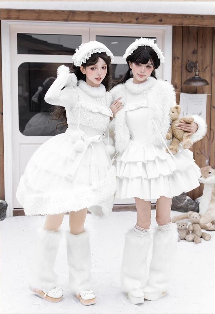 With PUJI - White Choco - Winter Kawaii Lolita JSK Dress Set, Fluffy Accents