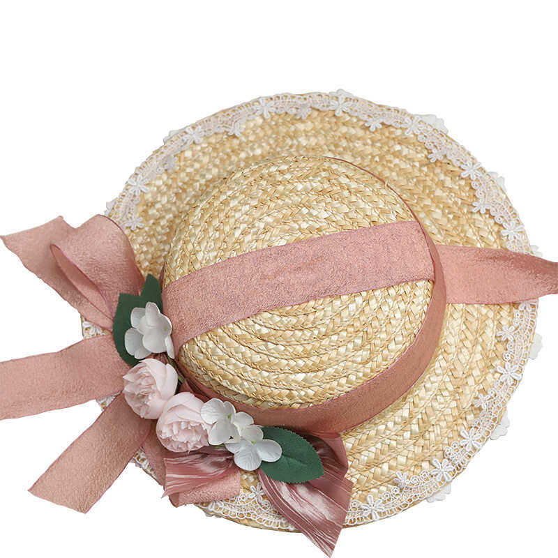 Lolita Flower Straw Hat for Women Summer Flat Hat Lolita Sun Protection Shade Han Yang Eclectic Mori Style Hat for Women