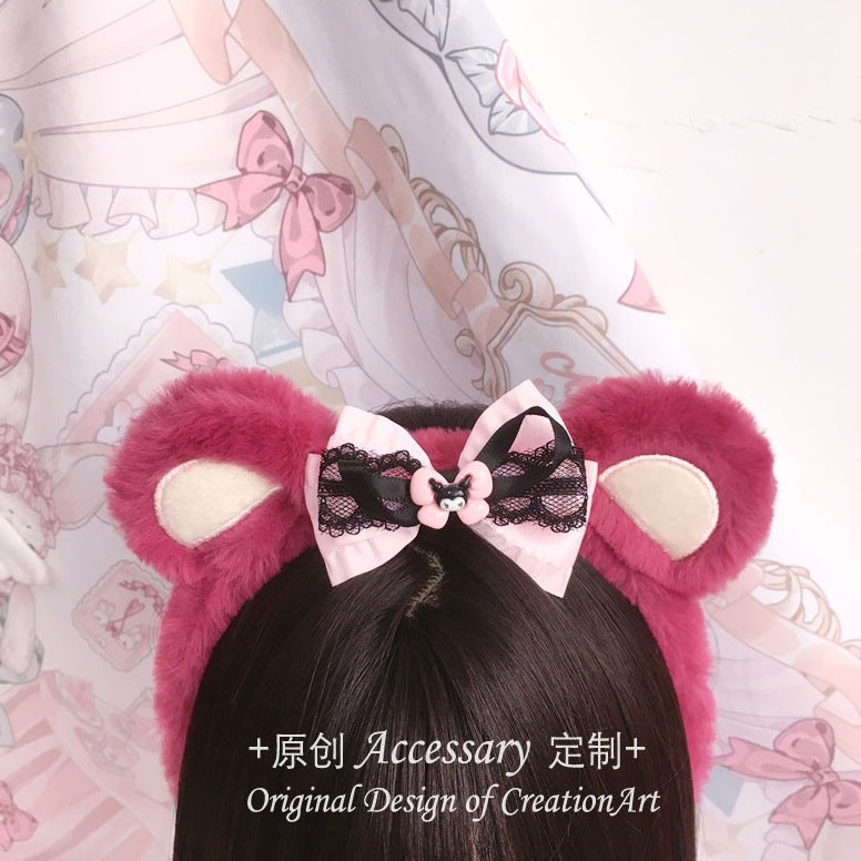 LolitaFetch handmade strawberry pink bear ears headband with bowknot, perfect as a cute lolita fashion headdress.