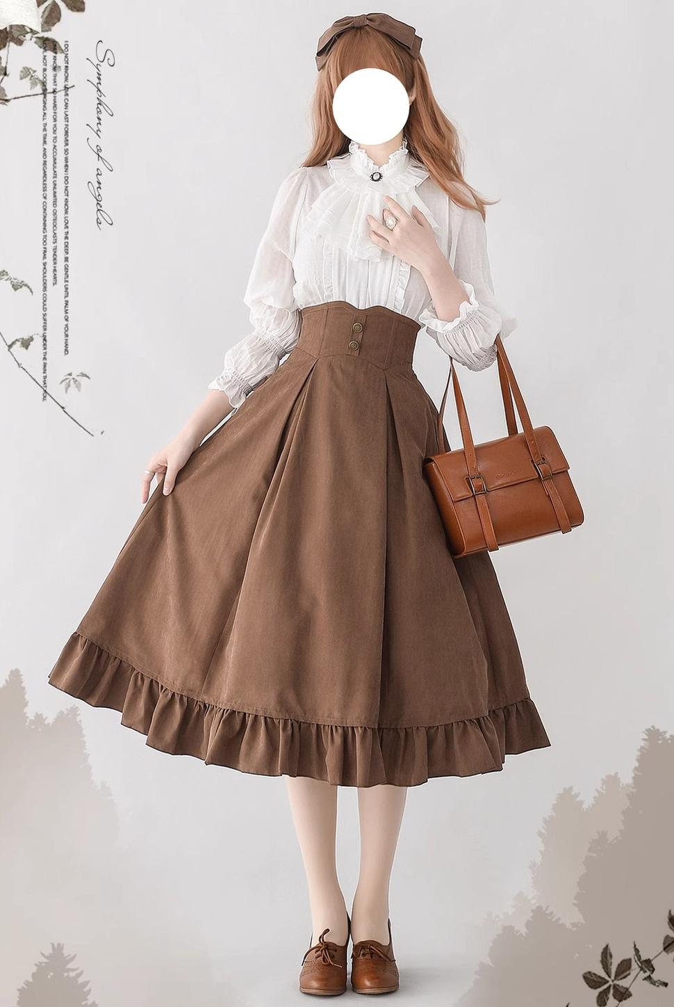 Misty Forest - Elegant Vintage Fishbone Lolita Long Skirt & Vest S Mocha Brown Skirt Only