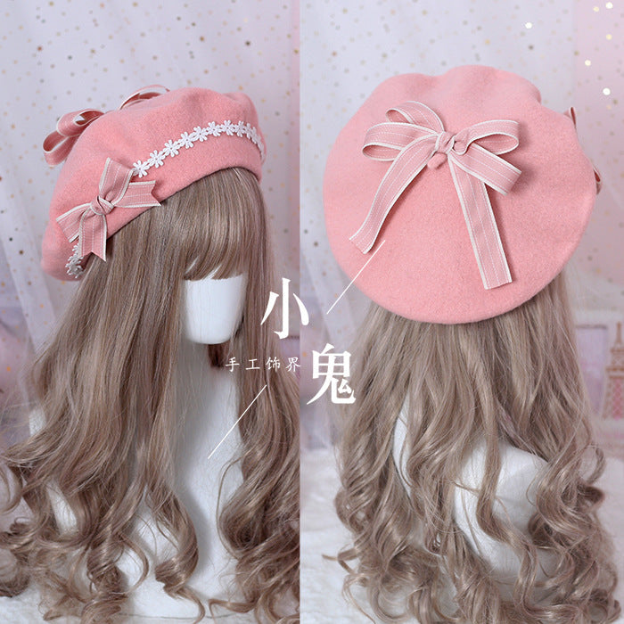 Lolita Pancake Beret in sweet wool with daisy bow, a cute hair accessory perfect for adding charming style to any outfit.