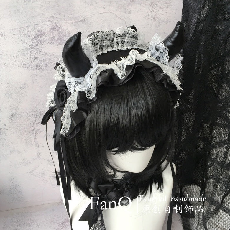 Subculture Custom Dark Lolita Demon Horn Gothic Headband Y2K Red and Black Lace Hairband - Lolita Fetch