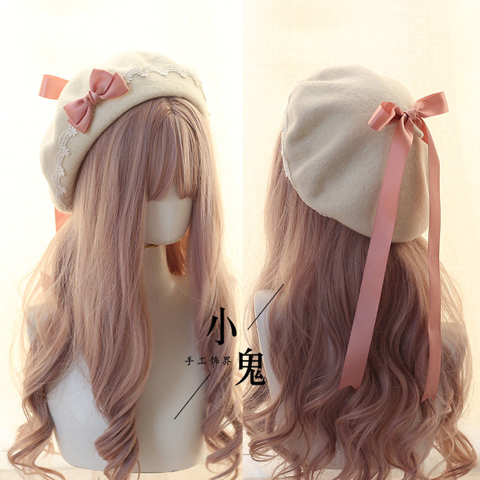 Beret Lolita Sweet Woolen Handmade Lace Bow Beret for Girls - Lolita Fetch