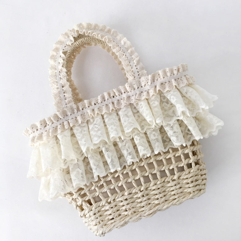 Straw Handbag Original Handmade Lolita French Pastoral Style Lace Edge Soft Girl Mori Beach Woven Bag for Women
