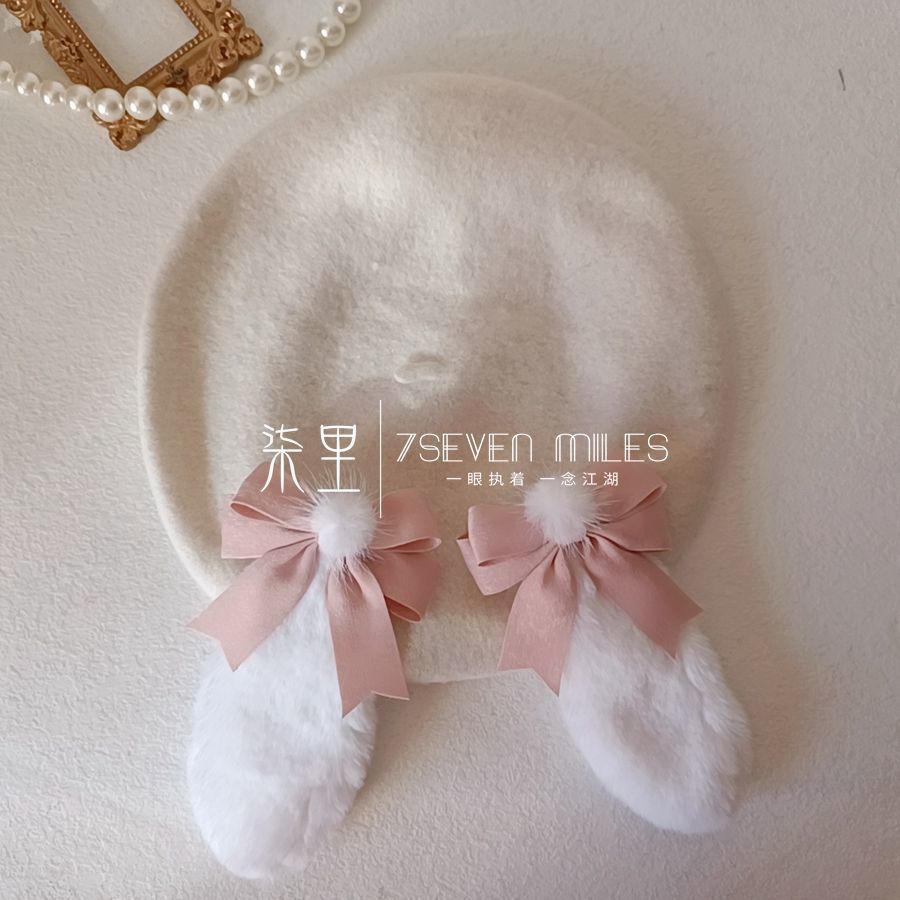 Long-Eared Rabbit  Beret Handmade Bow Lolita Girl Sweet Cute Woolen Hat for Women