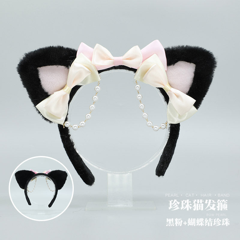 Handmade Lolita Pearl Cat Ear Headband - Bowknot Pearl Hair Accessory