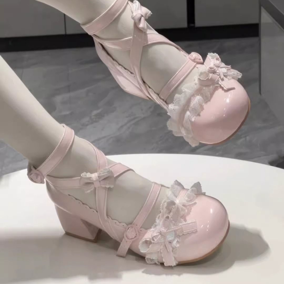 Wind Chime Whisper Lolita Shoes | Doll-Like Mid-Heel Lace Trim Sweet Mary Jane Leather Flats