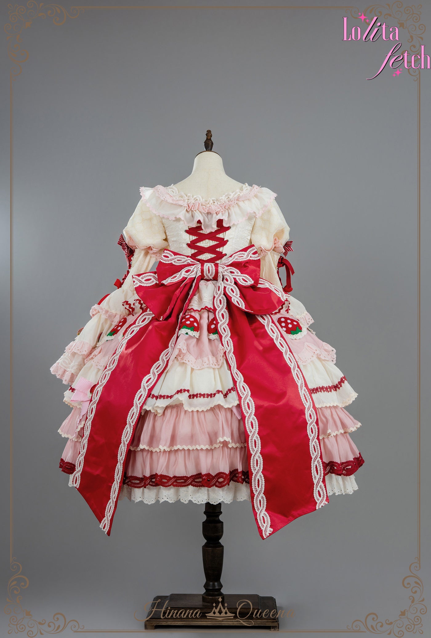 Gorgeous strawberry-themed Lolita Fetch Wedding Lolita Dress JSK and OP with floral details and ruffled accents.