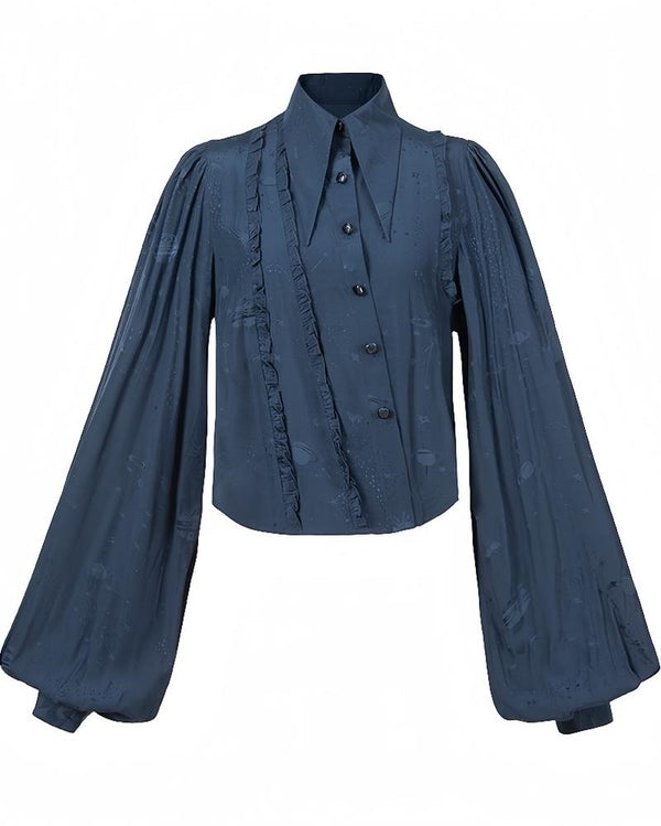 Navy vintage Lolita shirt with pointed collar, lantern sleeves and ruffled front.