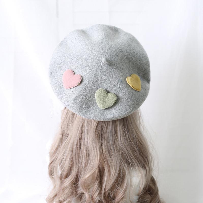 Xiaogui - Sweet Lolita Beret Loving Heart - Wool Hat Multicolor Headwear
