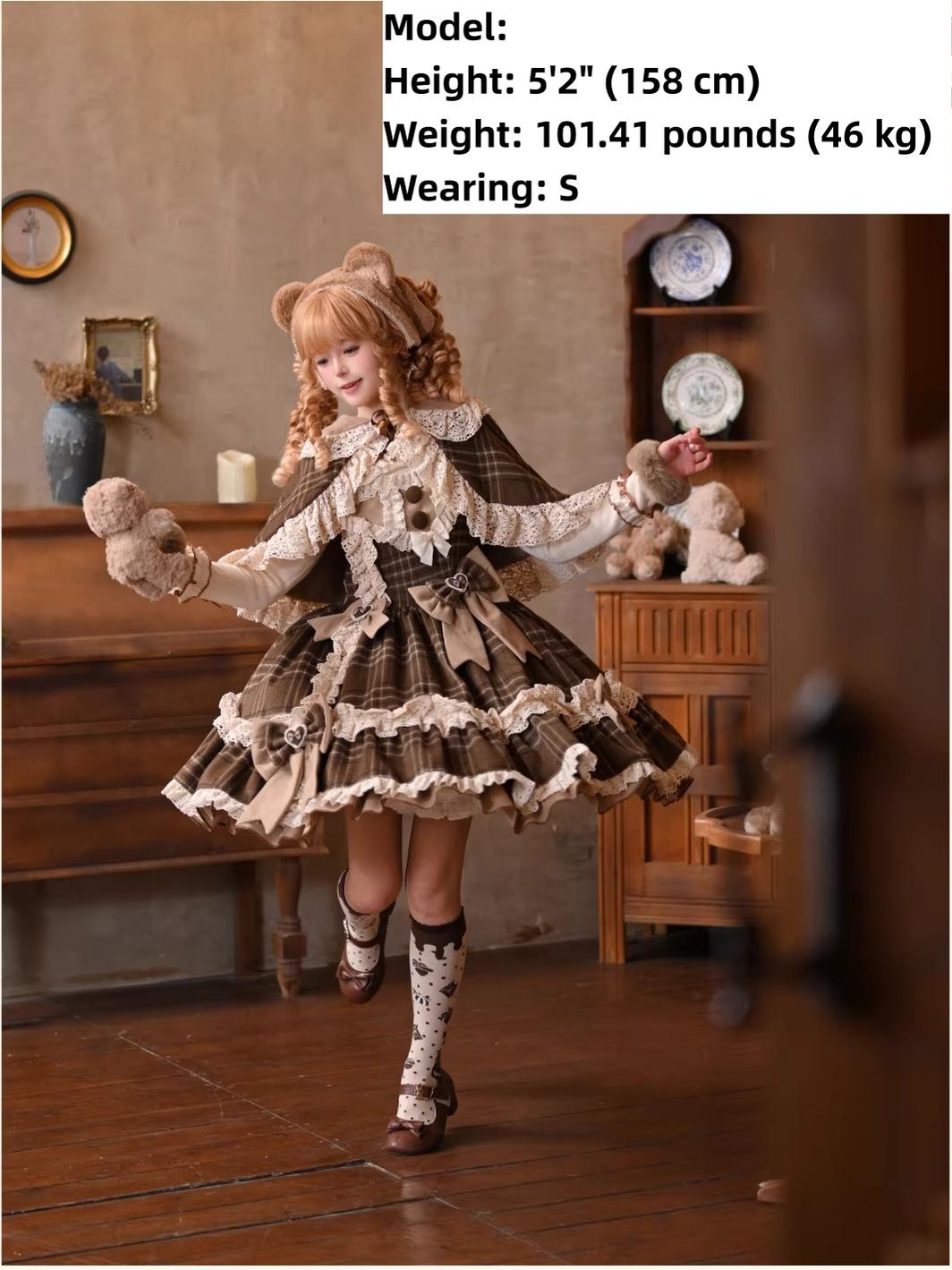 Qianmu - Choco Chestnut - Plaid Kawaii Lolita JSK Dress, Peter Pan Collar Cape
