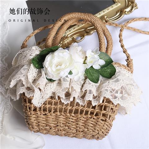 Handbag Paper Straw Woven Original Handmade Lace Flower Lolita Soft Girl Pastoral Style 2022 New Beach Bag - Lolita Fetch