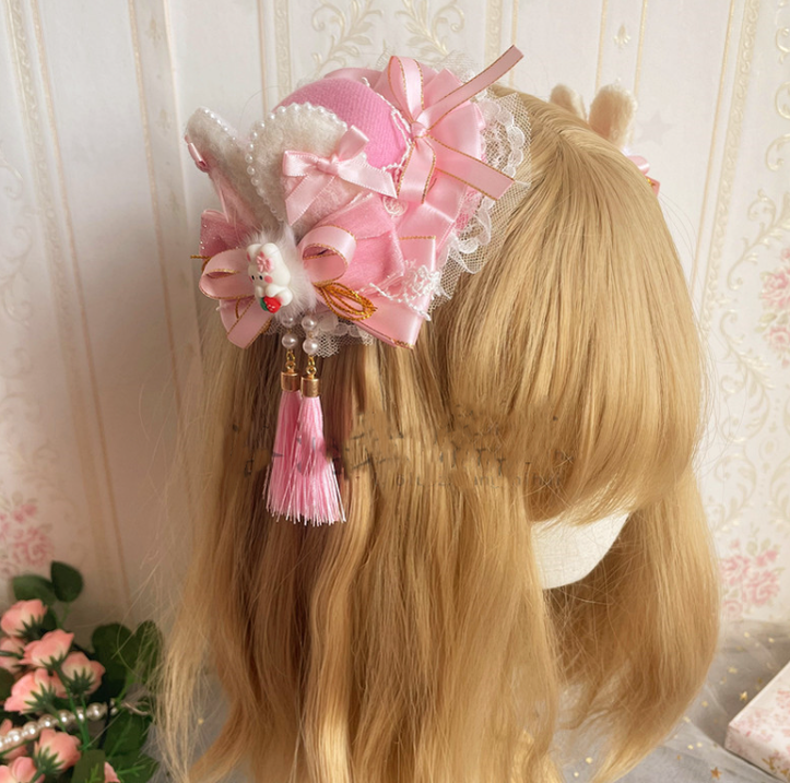 Luoluo Decoration - Han Lolita Rabbit Ears - Light Pink Head Accessory with Bow and Beaded Chain - product detail 5