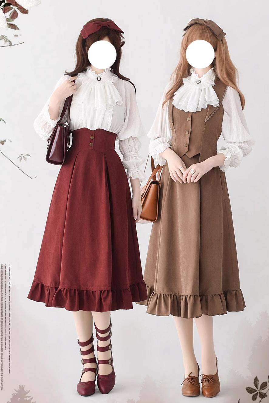 Forest Wardrobe - Misty Forest - Elegant Vintage Fishbone Lolita Long Skirt & Vest