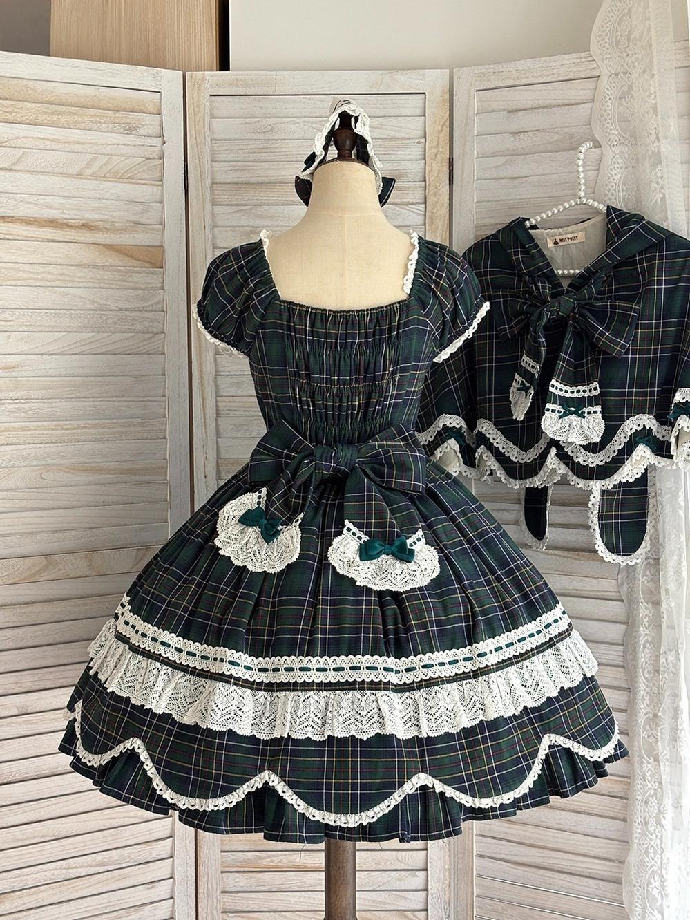 Miss Point - Plaid Petal Bunny - Old School Lolita Plaid OP Dress, Petal-shaped Hem