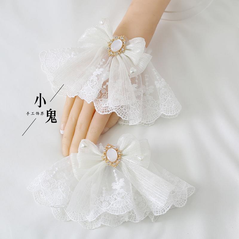 Multicolor Sweet Lace Lolita Headdress with dark red tulle bow, lace hand sleeves, and bracelet, perfect for Lolita fashion accessories.