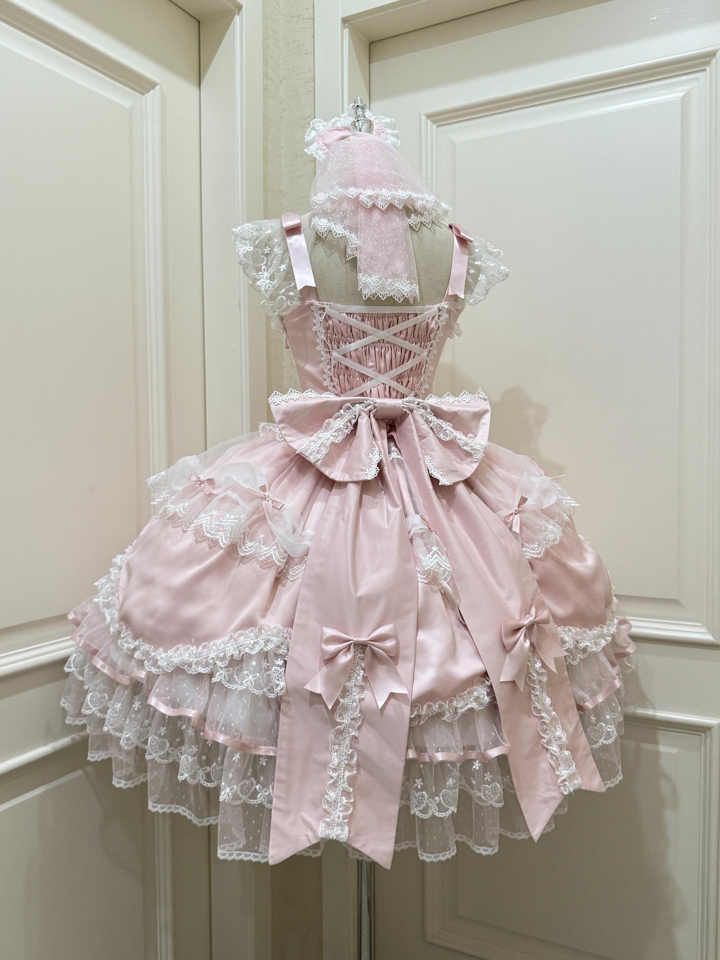 Velvet Sweetheart - Doll-like Sweet Lolita Jumper Dress, Bow Accents Pink JSK + Bow Trailing S