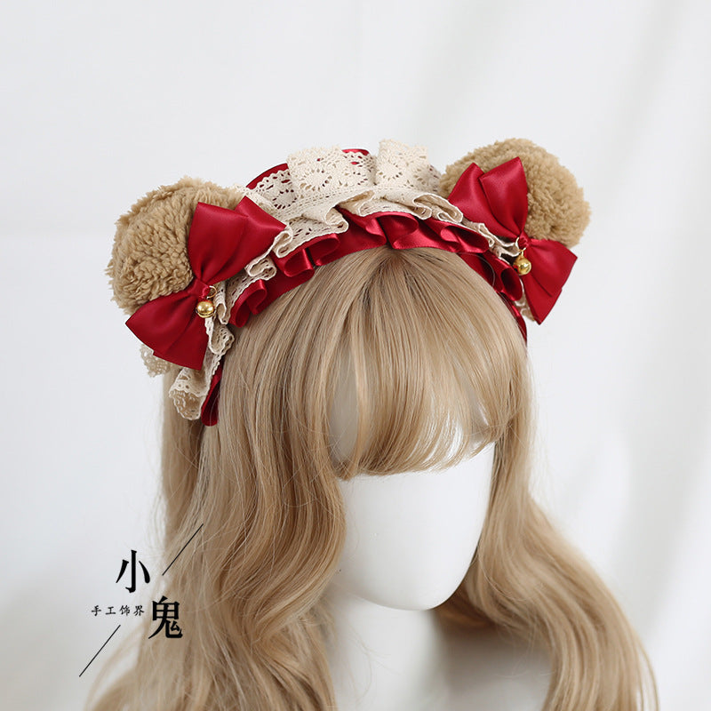 Coffee Color Lolita Bear Ear Headband KC - Bow & Lace Cute Girl Hair A