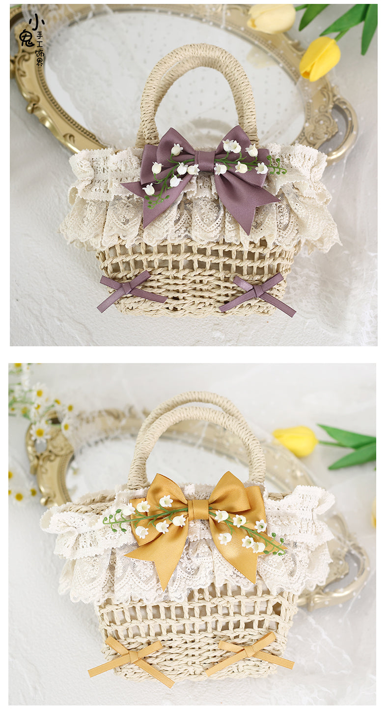 Original Lolita Mori Style Lily of the Valley Lace Beach Pastoral Straw Bag Rattan Bag Handheld Woven Bag Crossbody Bag