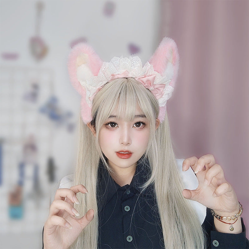Plush Lolita Headband Lace Bow Hair Accessory Realistic Animal Ears Maid Corgi Hair Ornament Japanese KC Headband