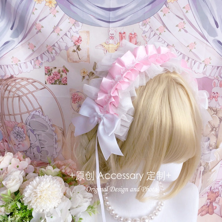 Homemade Doll-Style Lace Headband Lolita Hair Accessory Natural Color Hair Ornament Pink and White Bridal Handmade Small Item