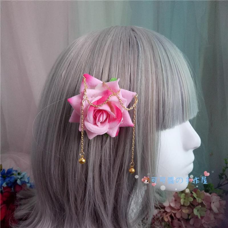 Lolita Rose Hair Clip Chain Bell Handmade DIY Handcraft Gay Hair Accessory Dark Gothic Cosplay Comic Exhibition Hair Accessor