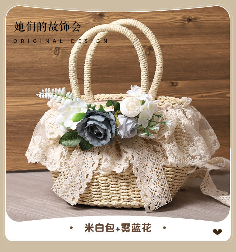 Handmade straw tote bag by LolitaFetch with lace and artificial flowers, perfect for beach or pastoral style in 2022.