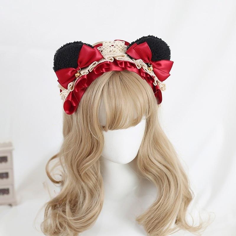 Xiaogui - Sweet Lolita KC With Bear Ear and Removable Bell Black Bear Ears (Dark Red Bow)
