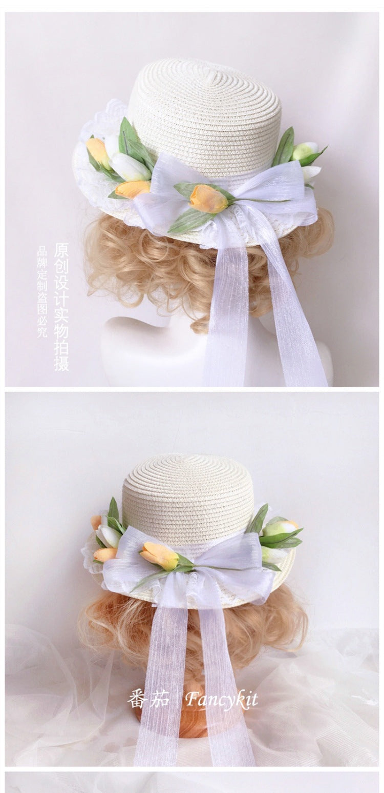 Handmade Yellow Tulip Straw Bag Lolita French Style Straw Hat Sun Hat Fairy Classical Woven Basket