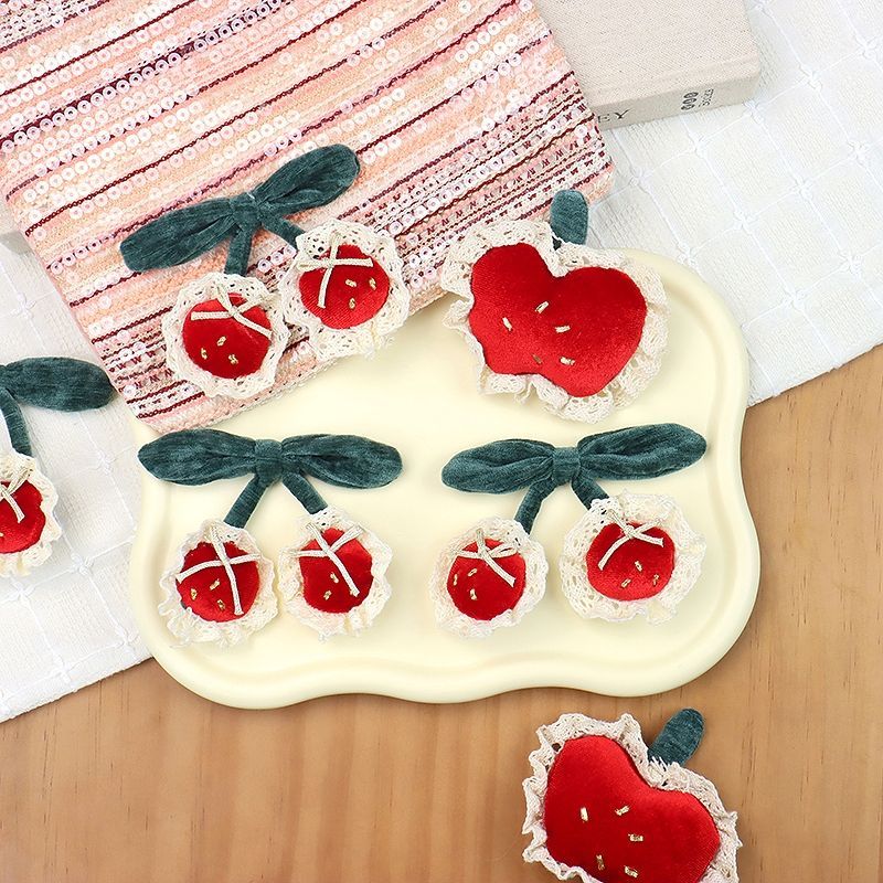 Handmade - Red Velvet Fruit Bow - Cherry and Apple Brooch - detail view 3