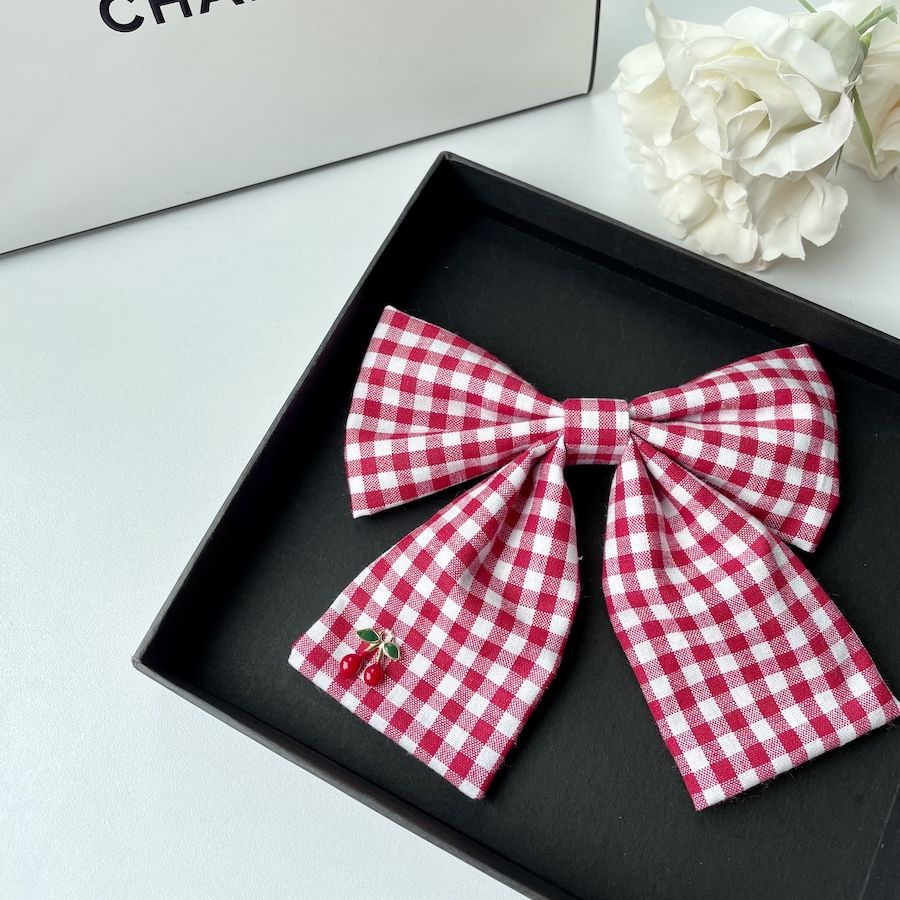 Handmade - Cherry Gingham Bow - Stainless-Steel Brooch - detail view 7
