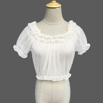 Zhijinyuan- Tulle Inner Top |   Lightweight Skin-Friendly Off-Shoulder Versatile Apricot Blouse