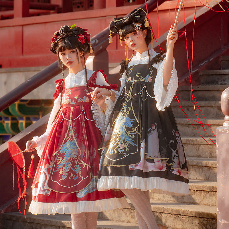 Morning Dew Hanfu - Inspired Lolita JSK | Gold - Woven Phoenix & Detachable Bead Chain