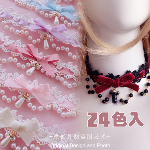 Multicolor Lolita choker necklace with soft girl heart pendant, handmade short accessory for girly fashion style.