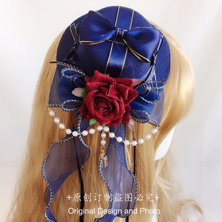 Lolita Hat Small Item Handmade Gothic Versatile Lolita Cyan Burgundy Flower Pill Crown Headwear