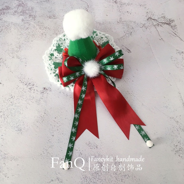 FanQ Handmade Christmas Bowknot Bunny Ear Headband KC - Small Snowball & Small Hat Lolita Hair Clip Accessory