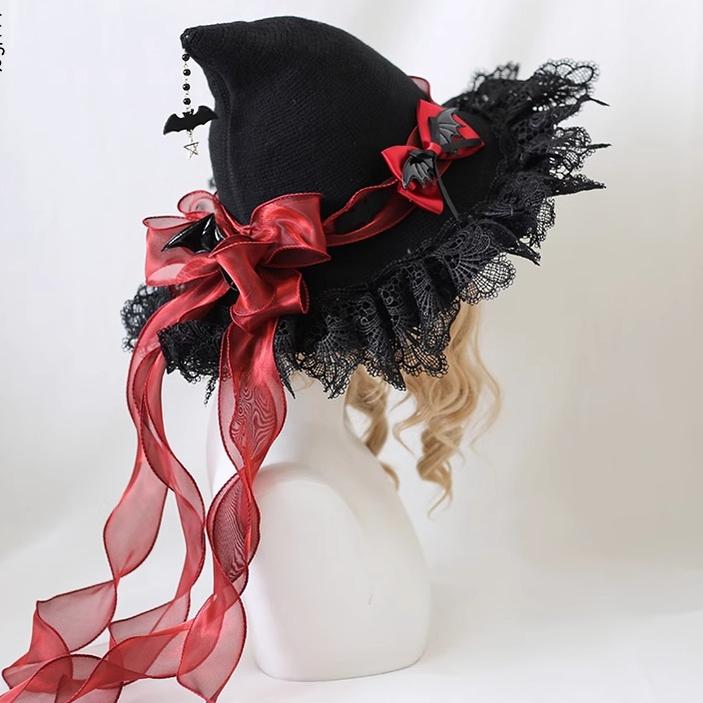 Xiaogui - Halloween Lolita Hat Devil Lace - Woolen Witch Hat Headwear
