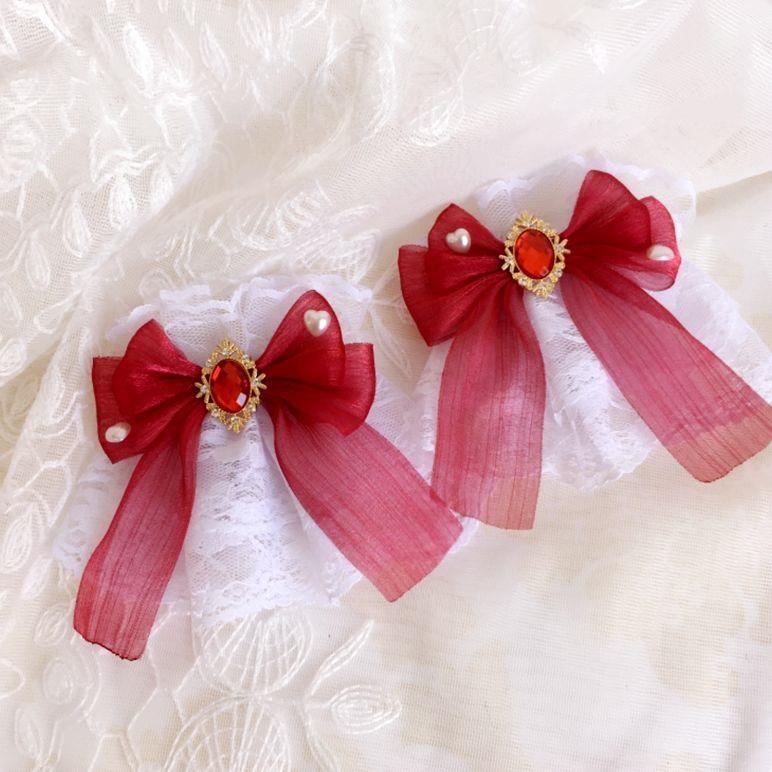 Multicolor Sweet Lace Lolita Hair Accessories Dark Red Lolita Tulle Bow Hand Sleeves Bracelet