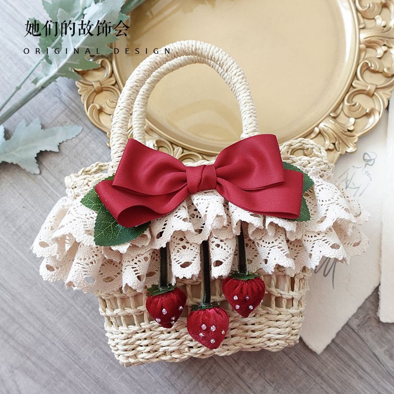 Lolita Bag for Women 2022 New Strawberry Flower on the Hill Handmade Small Item Lolita Spring Outing Straw Bag - Lolita Fetch