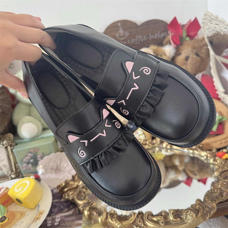 Embroidered Round-Toe JK & Lolita Platform Shoes - Sweet Student Footwear
