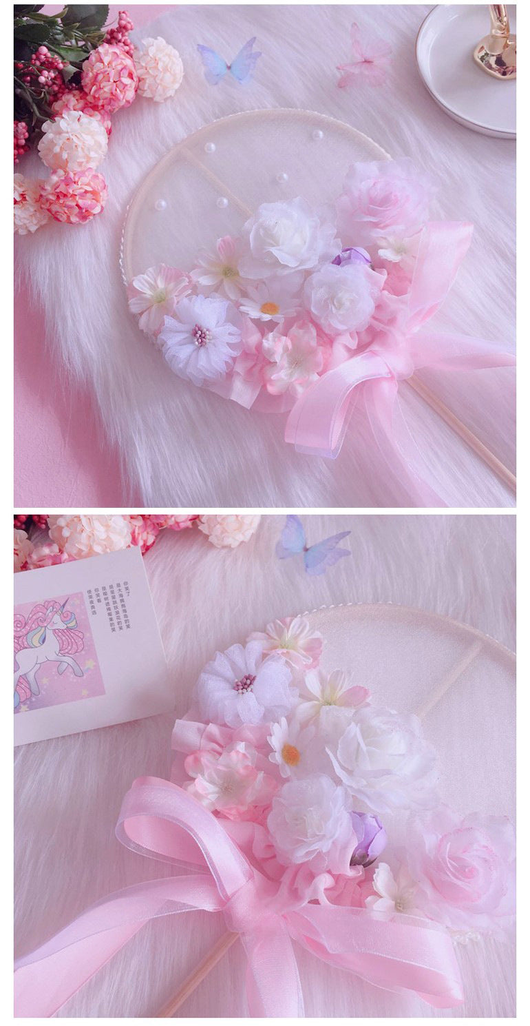 Handmade Blue Sakura Lolita round fan wand with long handle, featuring floral design and elegant craftsmanship for Lolita fashion.