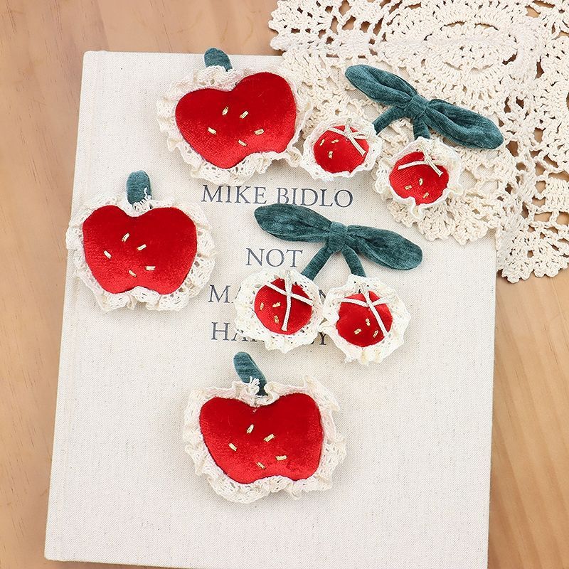 Handmade - Red Velvet Fruit Bow - Cherry and Apple Brooch - detail view 5