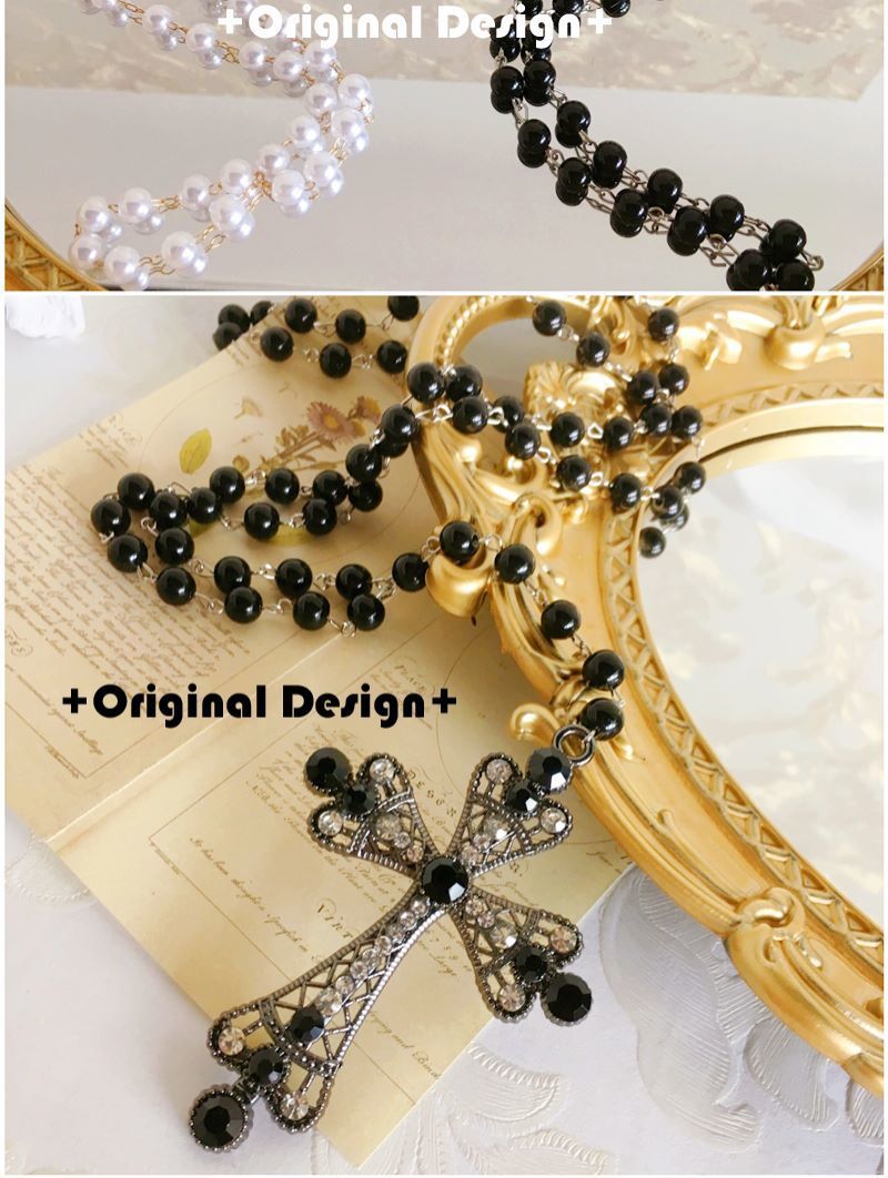 Gothic Retro Girl's Prayer Lolita Pearl Gold Cross Necklace by LolitaFetch, featuring a gold cross pendant and pearl accents.