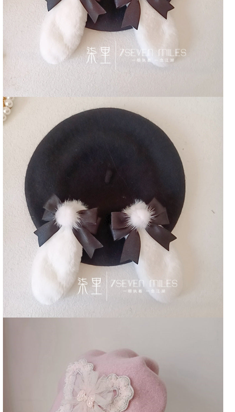 Long-Eared Rabbit  Beret Handmade Bow Lolita Girl Sweet Cute Woolen Hat for Women