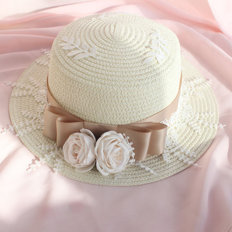 LolitaFetch elegant straw sun hat with bowknot, versatile headdress featuring a stylish, wide-brim design for sunny days.
